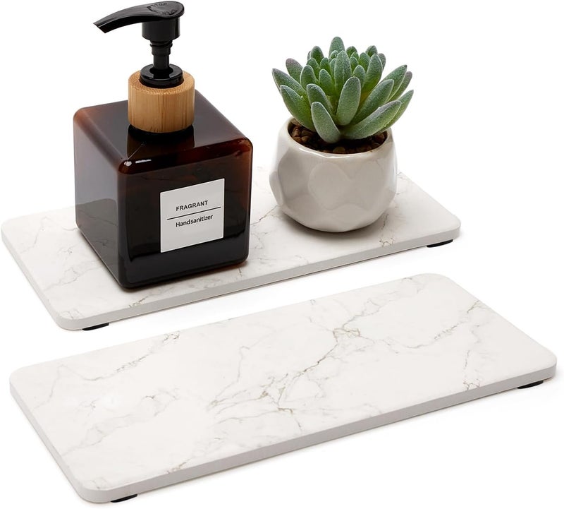 Deceram 2 Pcs Water Absorbing Stone Drying Trays for Bathroom Sink Kitchen Counter Soap Dish Dispenser Sponge Holder White Ceramic Bathroom Vanity Quick Dry Stone Mat for Kitchen Sink Marble Diatomite Tray - Image 1